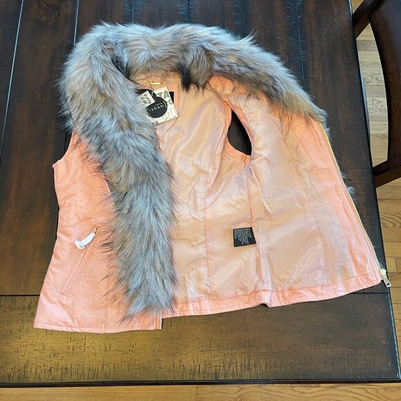 Moto Feminine Urban Glove Tanned Faux Leather Lush Fur Trim Stylish Zip Up Vest - Picture 5 of 10